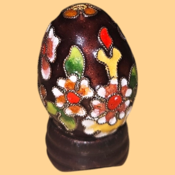 Other - Vintage Cloisonne Egg Flowers Motif Wood Stand 1950s